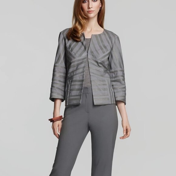 Lafayette 148 Gray Striped Hook & Eye 3/4 Sleeve Leather Jacket | Size 18 - Picture 2 of 9